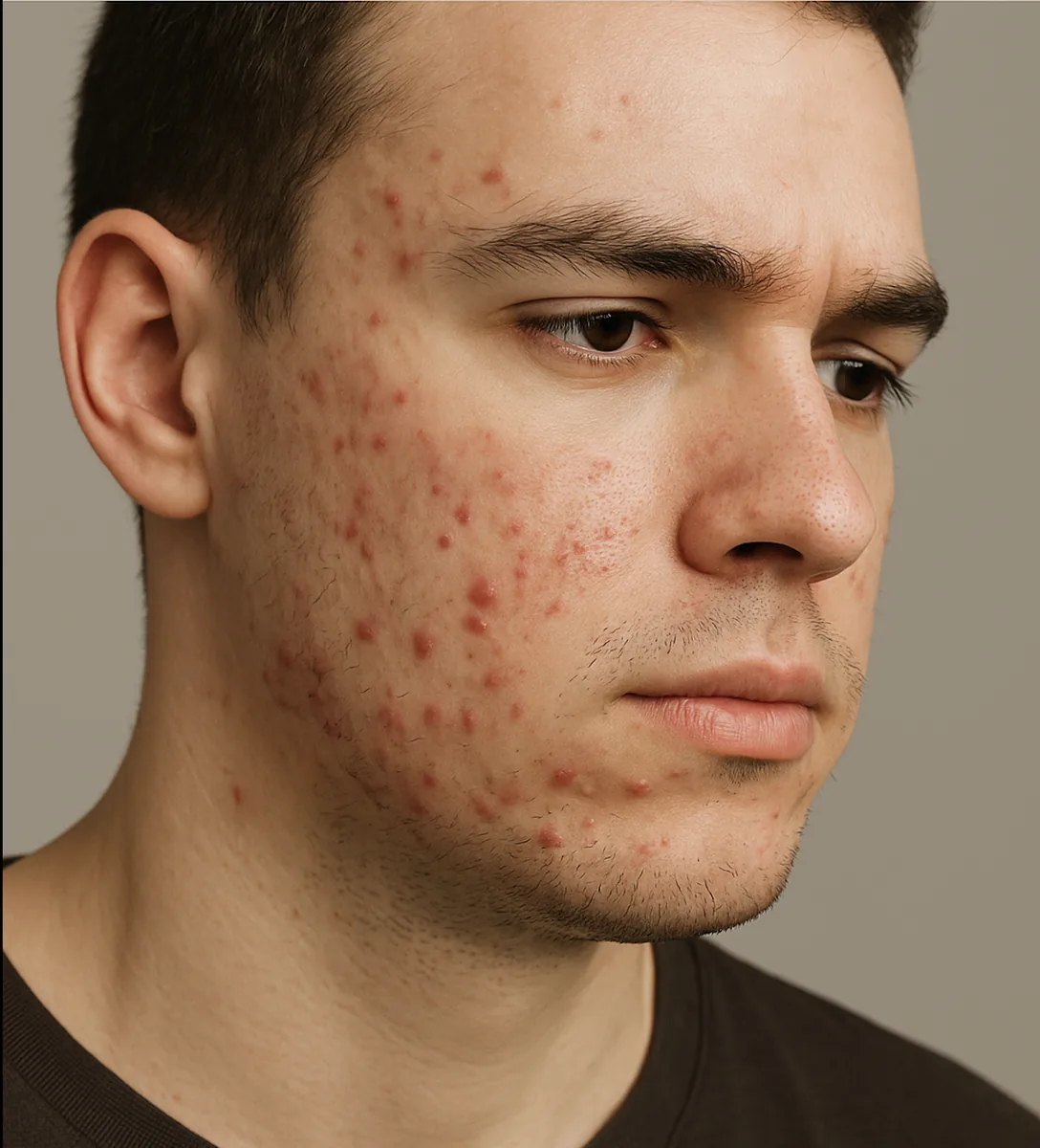 Skincare products for acne treatment on a clean background